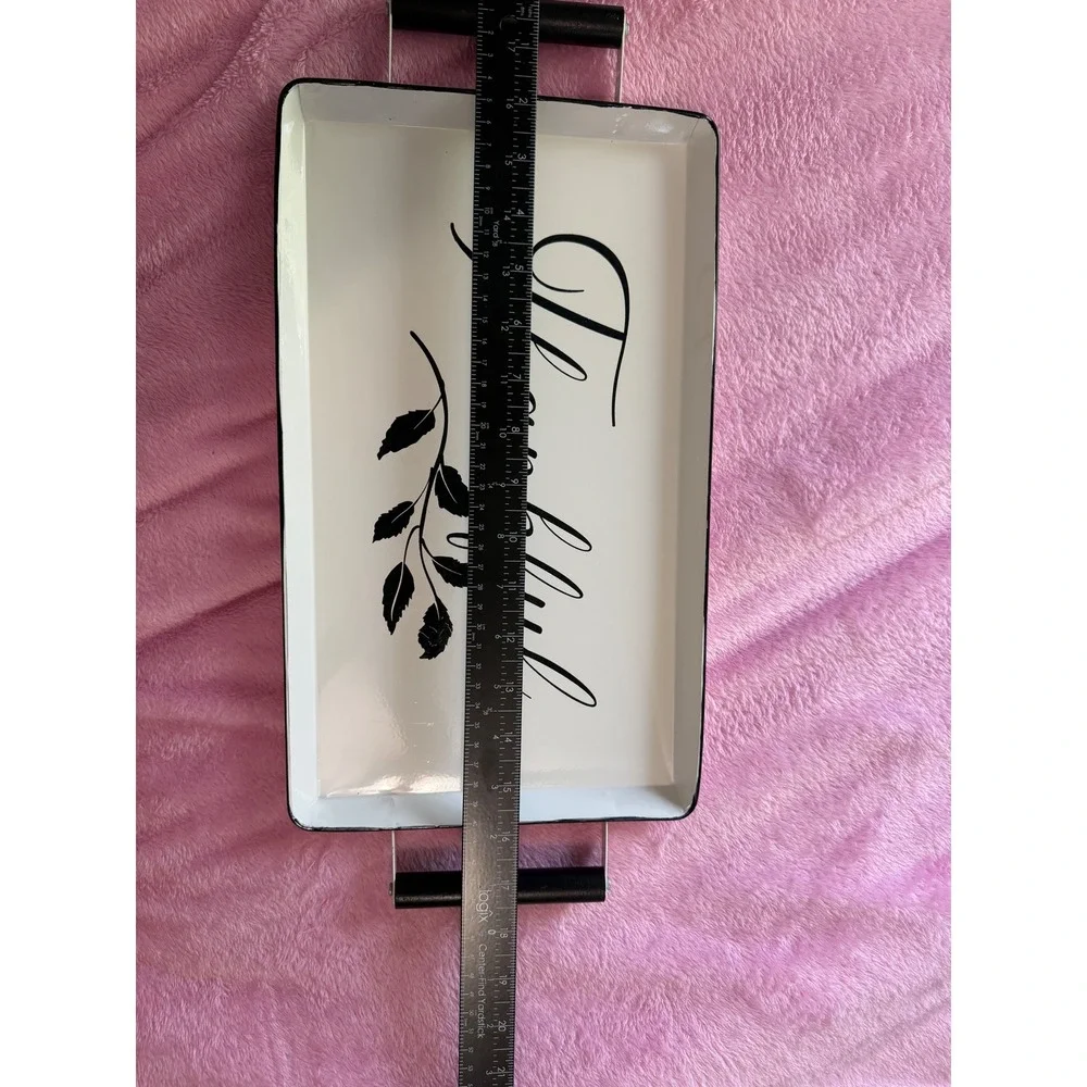 Thankful Decorative Metal Tray White Enamel Style Black Handles Farmhouse Decor